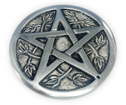 Porte encens métal blanc rond Pentacle - Triple Lune